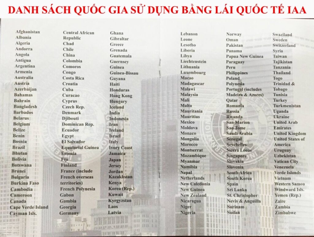 danh sách quốc gia sử dụng bằng lái quốc tế IAA danh sách quốc gia sử dụng bằng lái quốc tế IAA