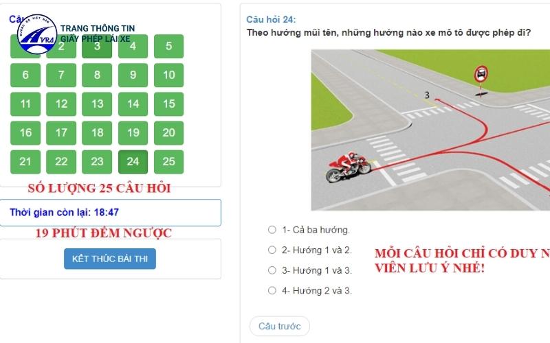 Phần thi lý thuyết lái xe hạng A2 gồm có 25 câu hỏi