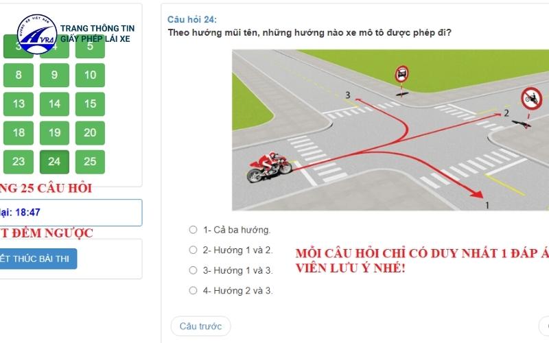 Câu hỏi thi lý thuyết hạng bằng A2