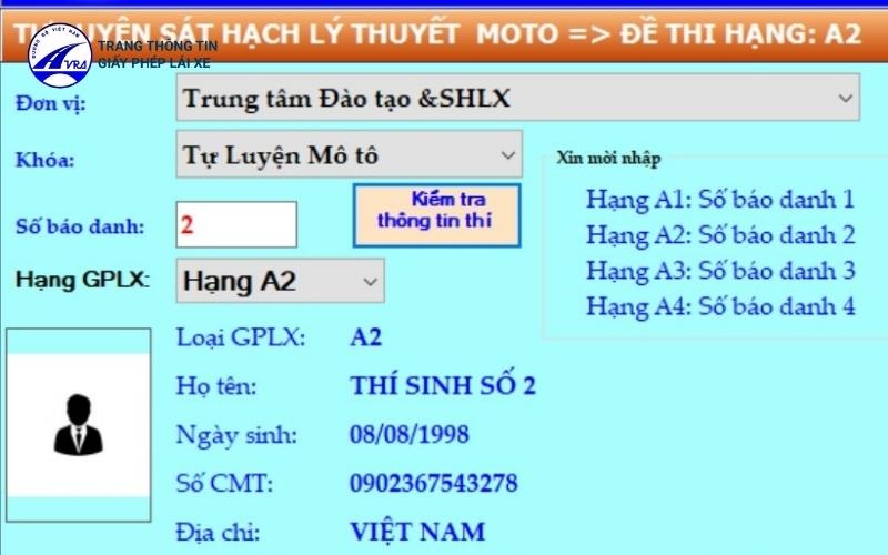Đăng nhập thi lý thuyết bằng lái A2
