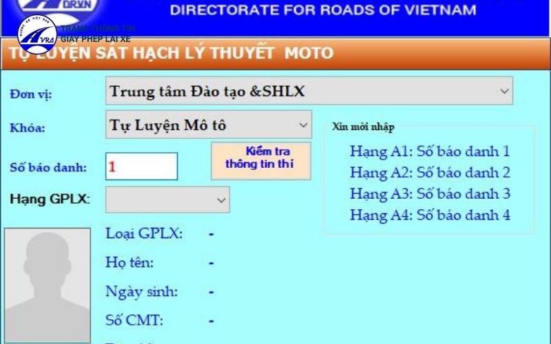 Giao diện thi lý thuyết trên máy tính
