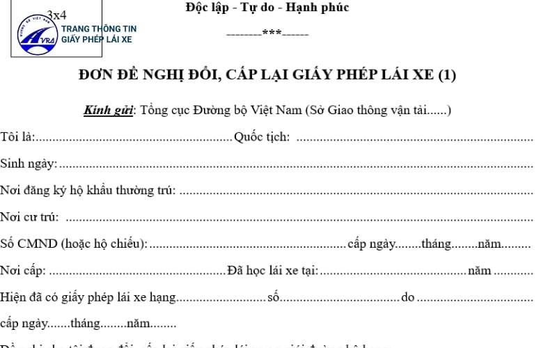 Mẫu đơn xin cấp lại giấy phép lái xe