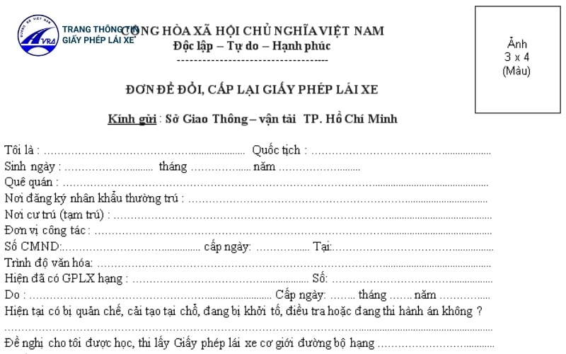 Mẫu đơn xin cấp lại bằng lái xe bị mất